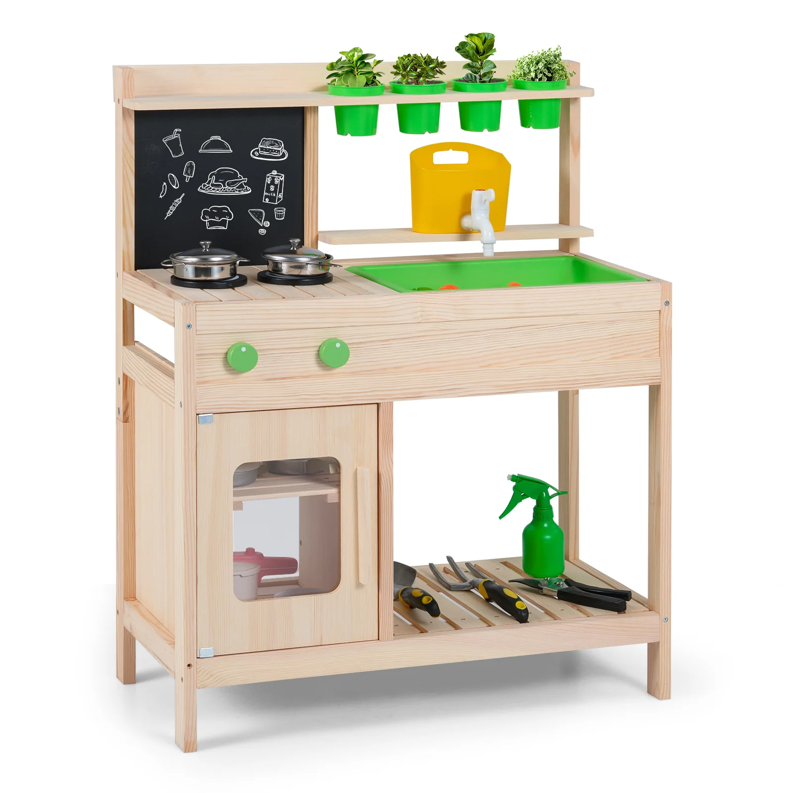 Kids Mud Kitchen Play Pretend Kitchen with Chalkboard for Kids Aged 3+ - Image 3