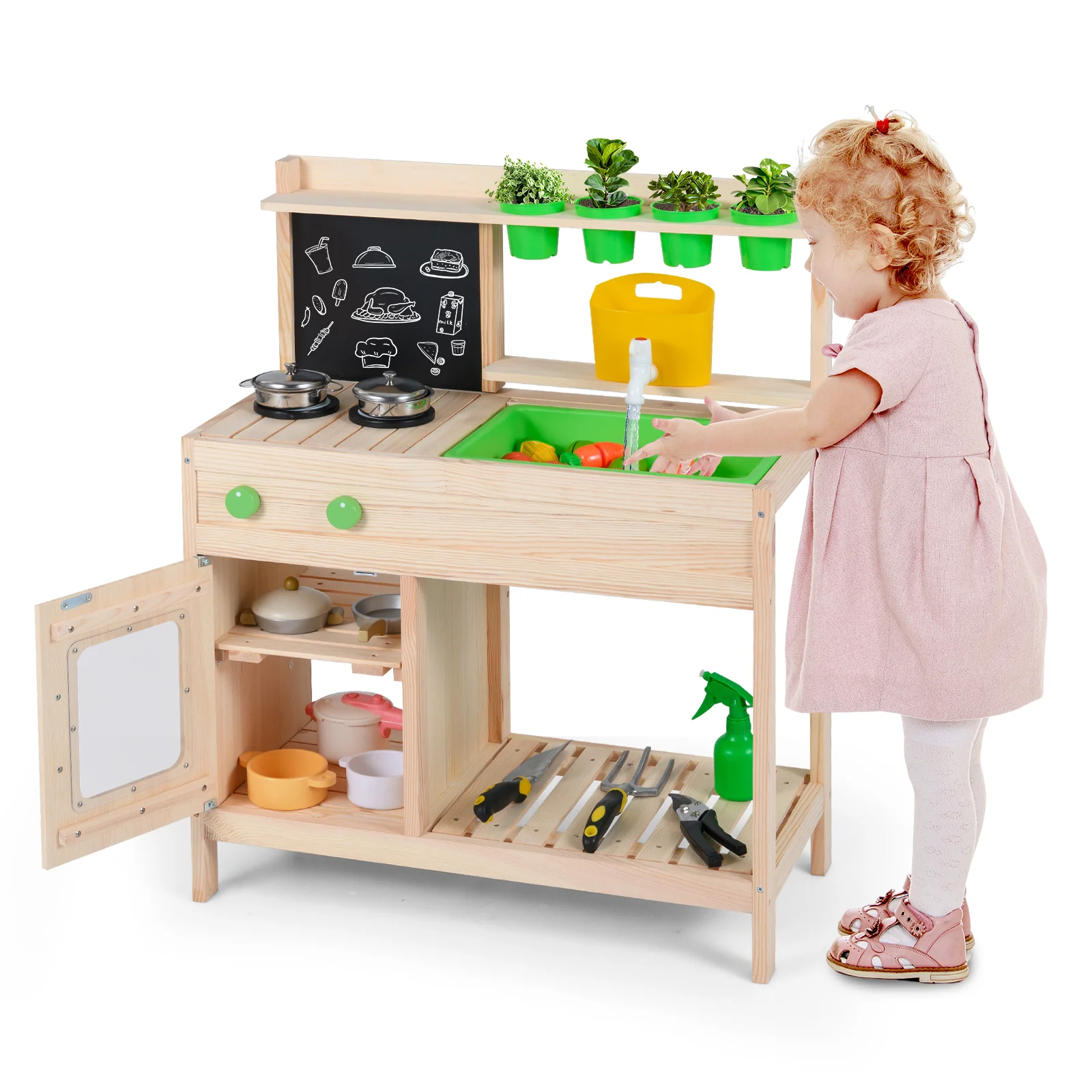 Kids Mud Kitchen Play Pretend Kitchen with Chalkboard for Kids Aged 3+ - Image 4