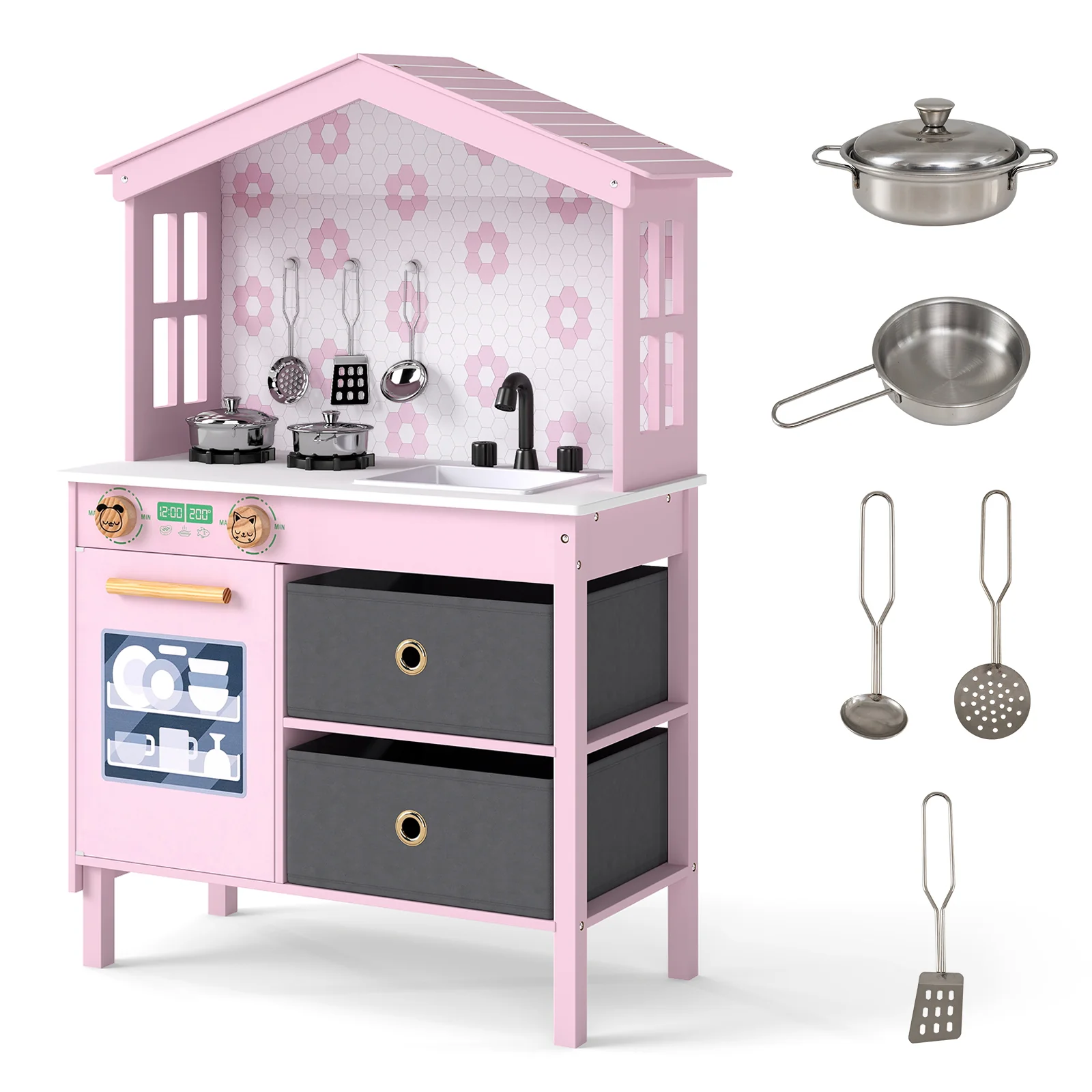 Kids Play Kitchen Children Toy Kitchen Playset with 2 Stoves and Rotation Knobs - Image 3