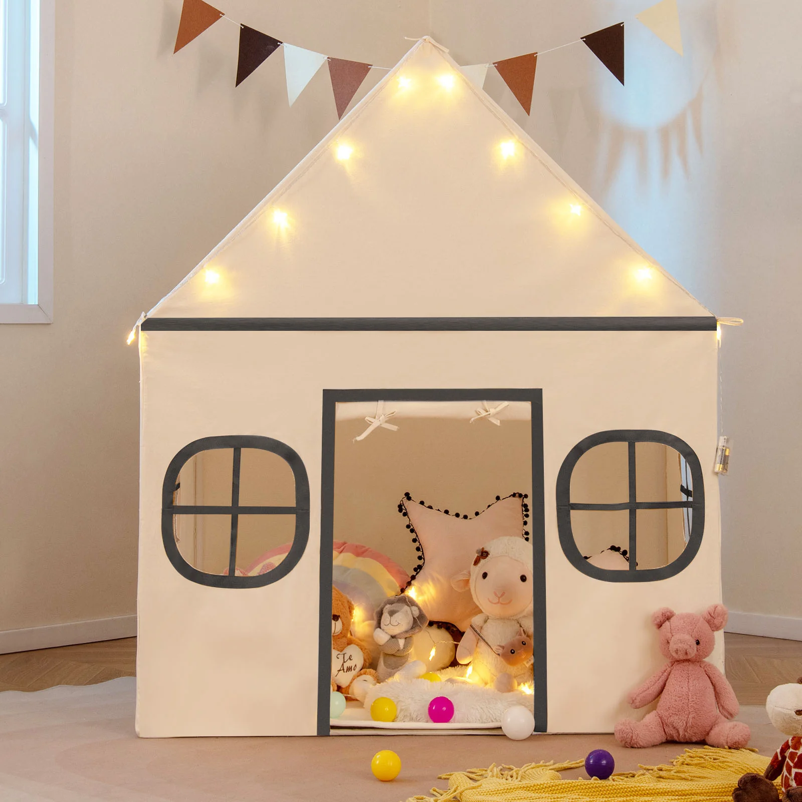 Kids Play Tent Large Playhouse with Door Curtain and Windows Star Lights - Image 9