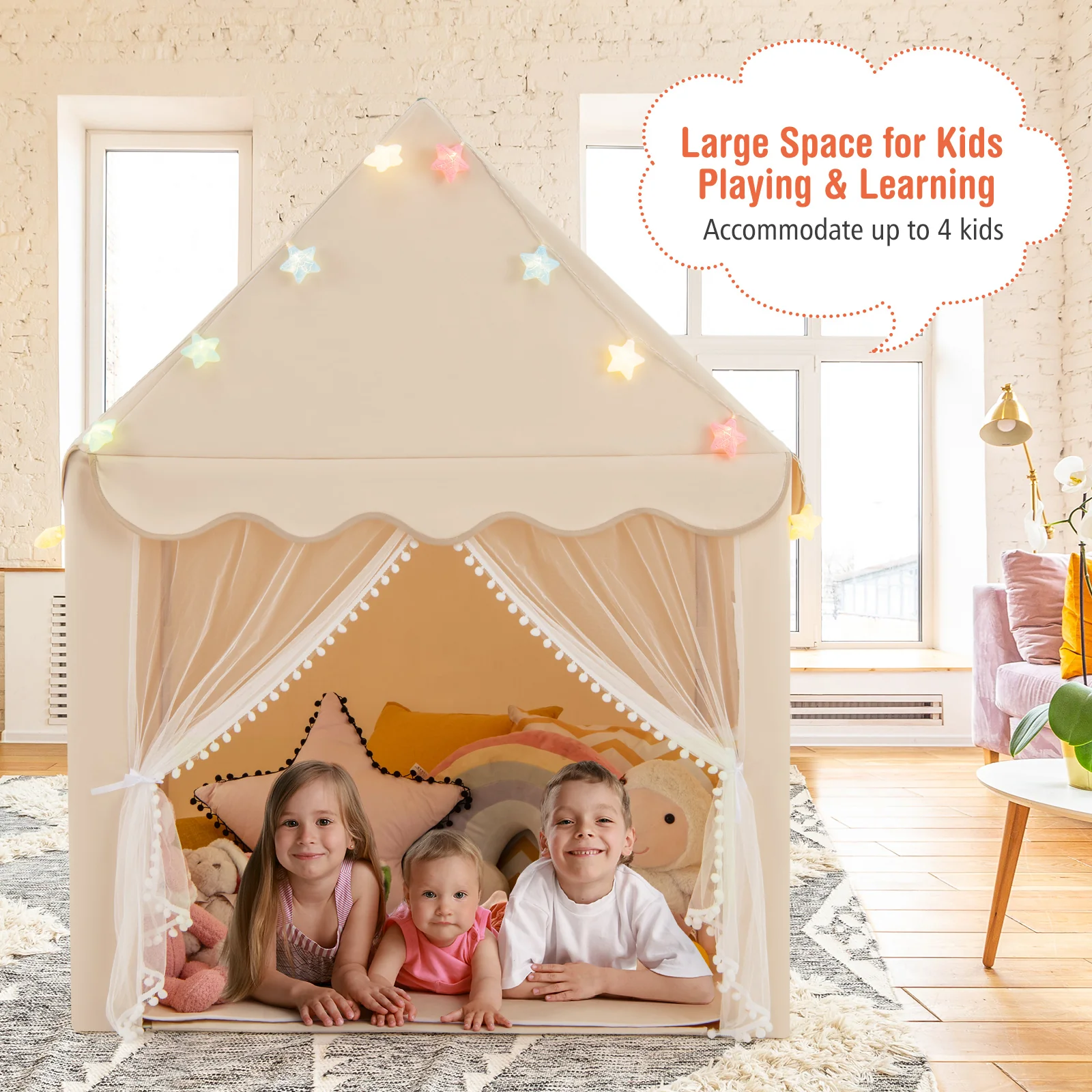Kids Playhouse Tent with Colorful Star Lights and Mat - Image 24