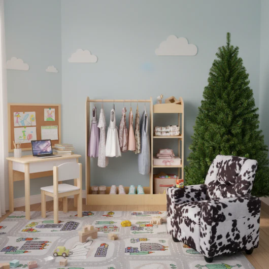 Kids Room Set: Recliner + Natural Study Desk & Chair + 4-ft Christmas Tree + Natural Dress-Up Storage - Image 4