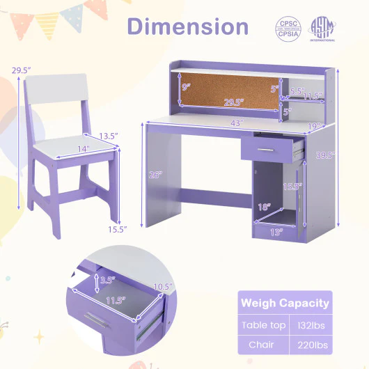 Kids Study Desk and Chair Set Student Table and Chair-Purple - Image 5