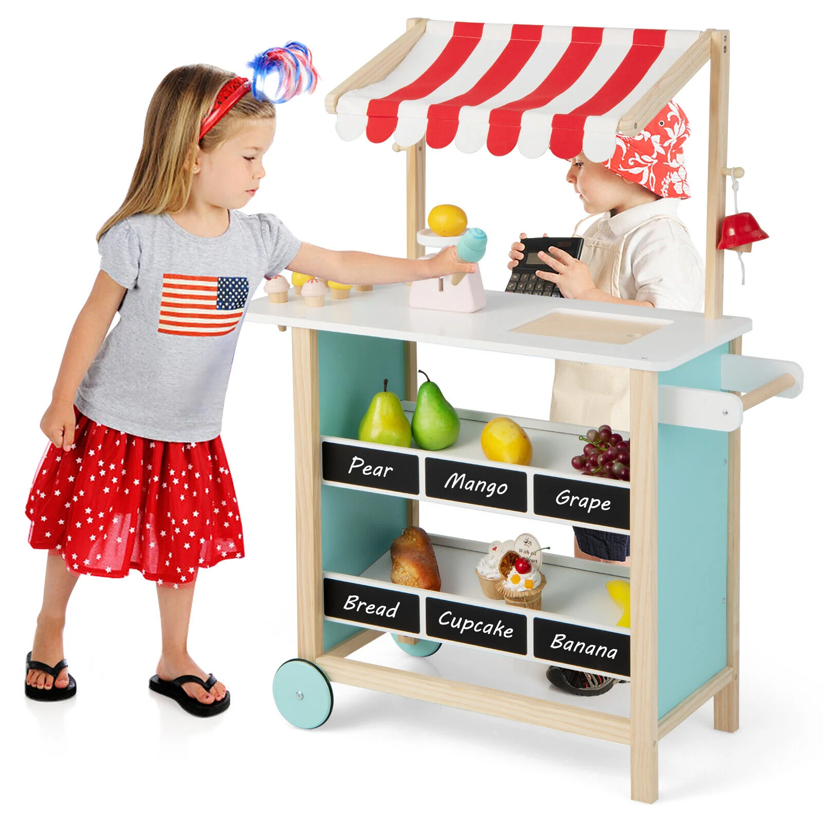Kids Wooden Ice Cream Cart with Chalkboard and Storage - Image 6