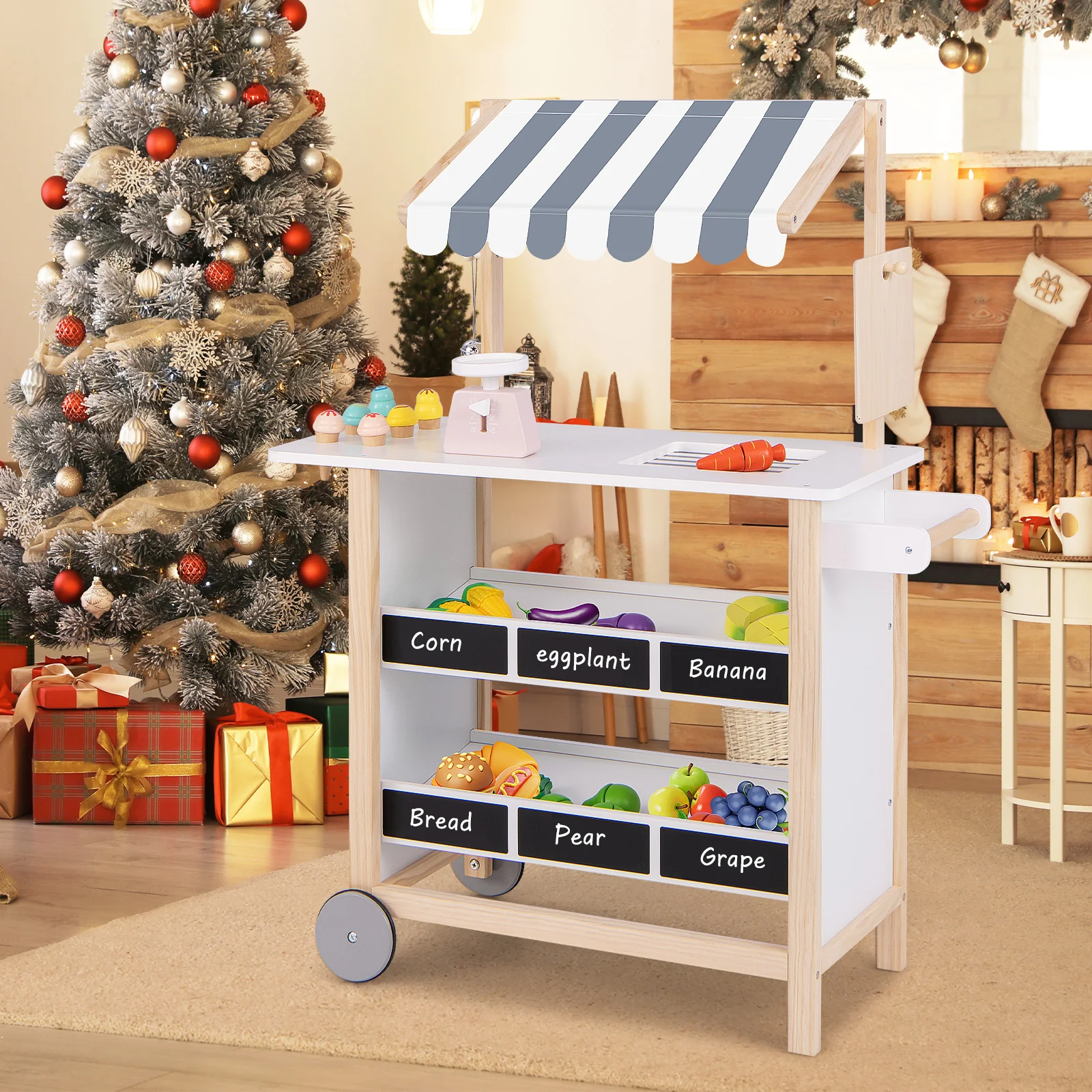 Kids Wooden Ice Cream Cart with Chalkboard and Storage - Image 9