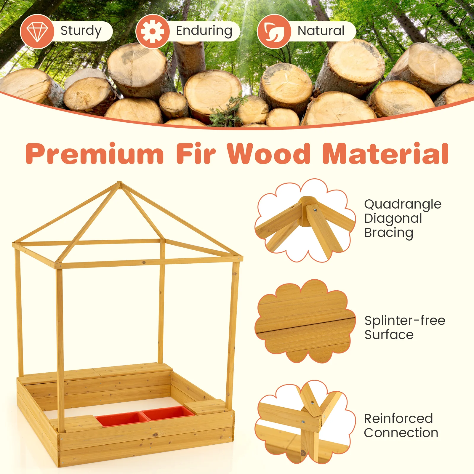 Kids Wooden Sandbox with Canopy Large Sand Pit with Mesh Windows and Bottom Liner-Multicolor - Image 8