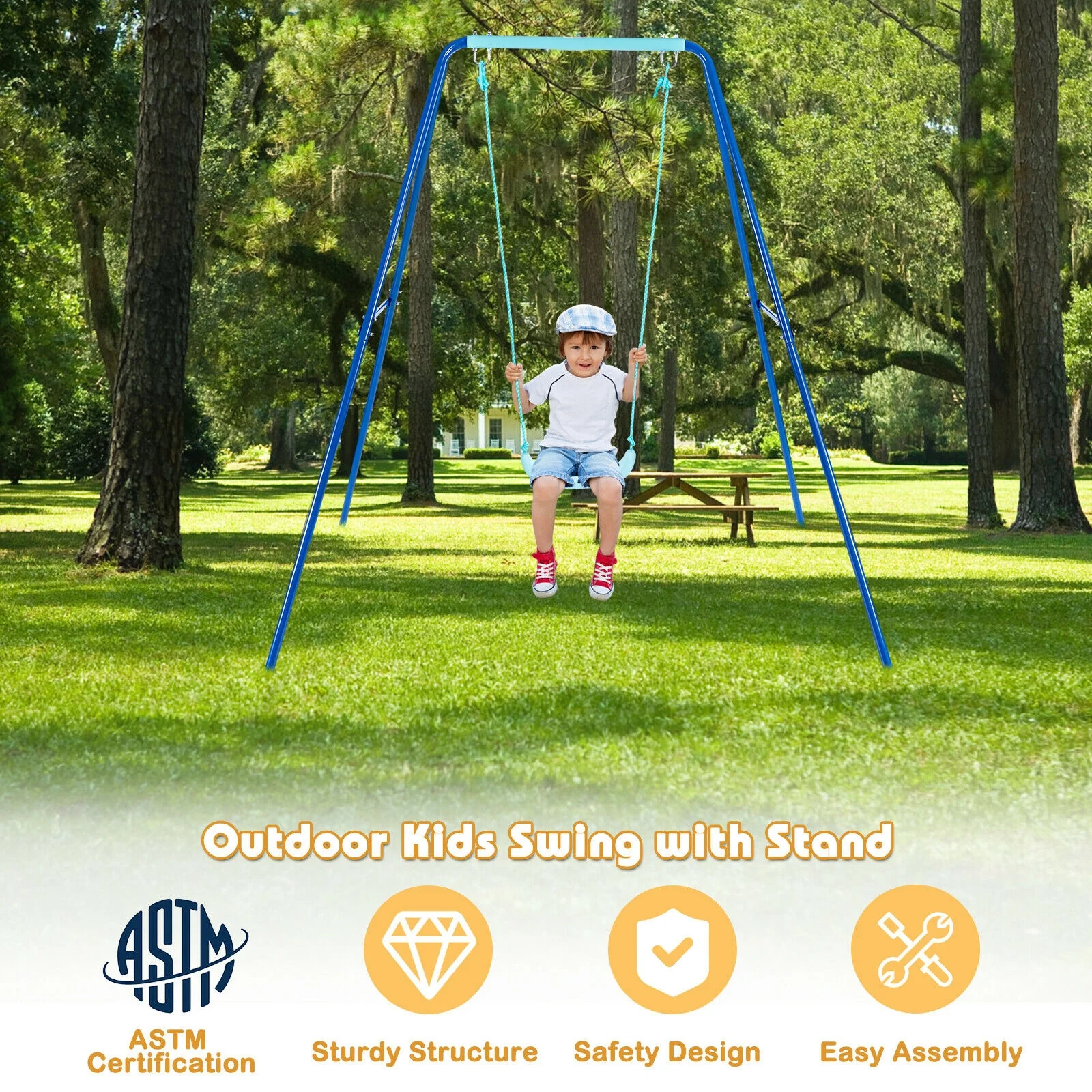 Outdoor Kids Swing Set with Heavy-Duty Metal A-Frame and Ground Stakes - Image 8