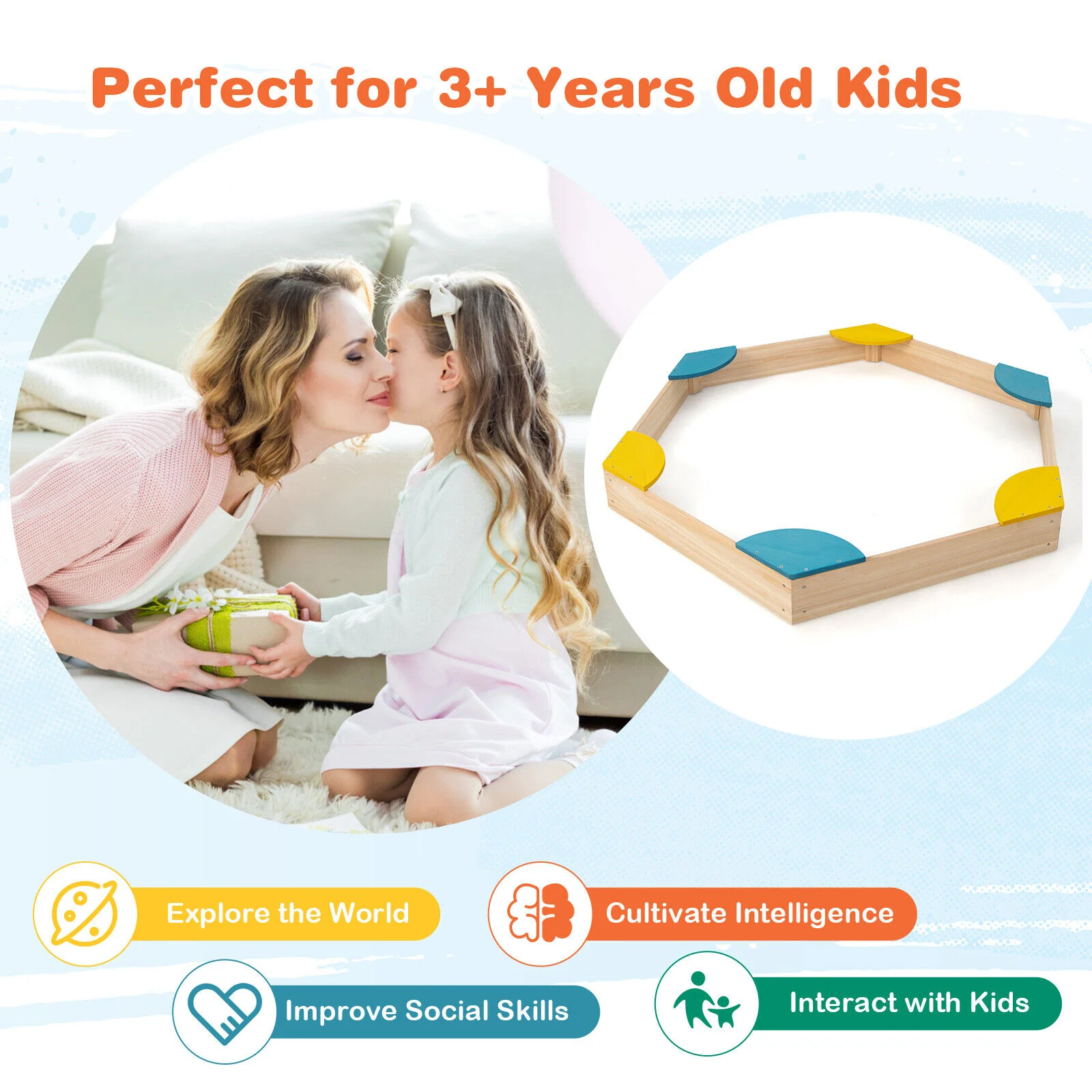 Outdoor Solid Wood Sandbox with 6 Built-in Fan-shaped Seats - Image 8
