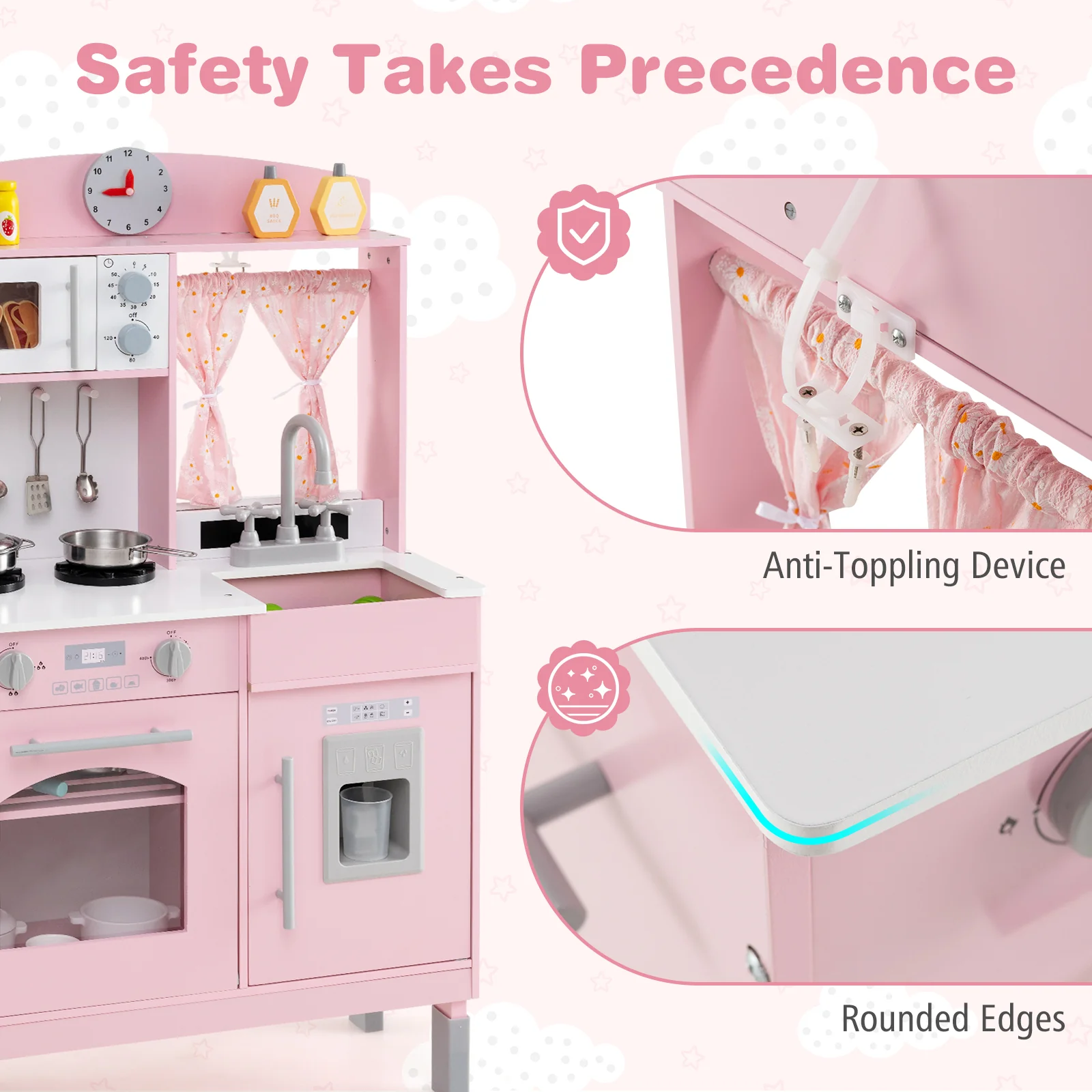 Play Kitchen for Kids Wooden Chef Pretend Playset with 3 Adjustable Heights Microwave - Image 12