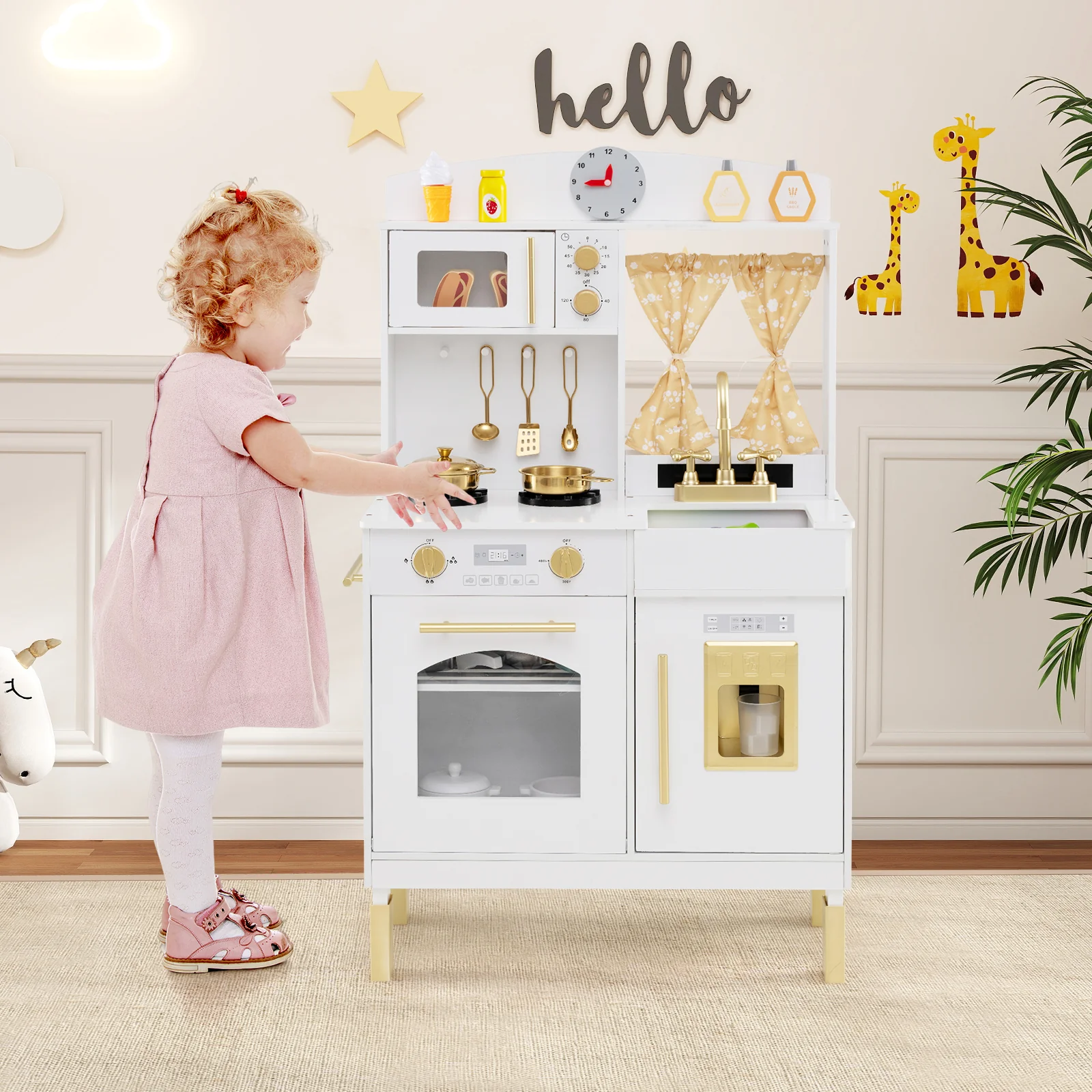 Play Kitchen for Kids Wooden Chef Pretend Playset with 3 Adjustable Heights Microwave - Image 2