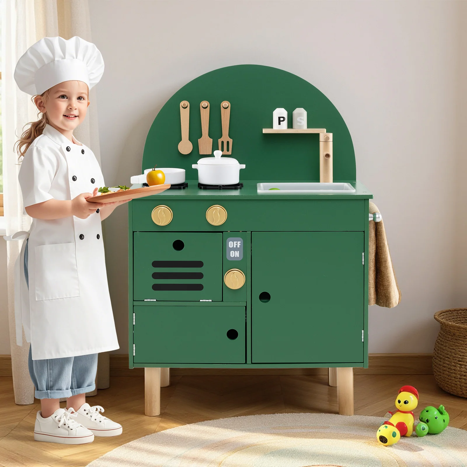 Play Kitchen for Kids Wooden Kitchen Playset with Stoves Faucet Sink Microwave and Oven - Image 17