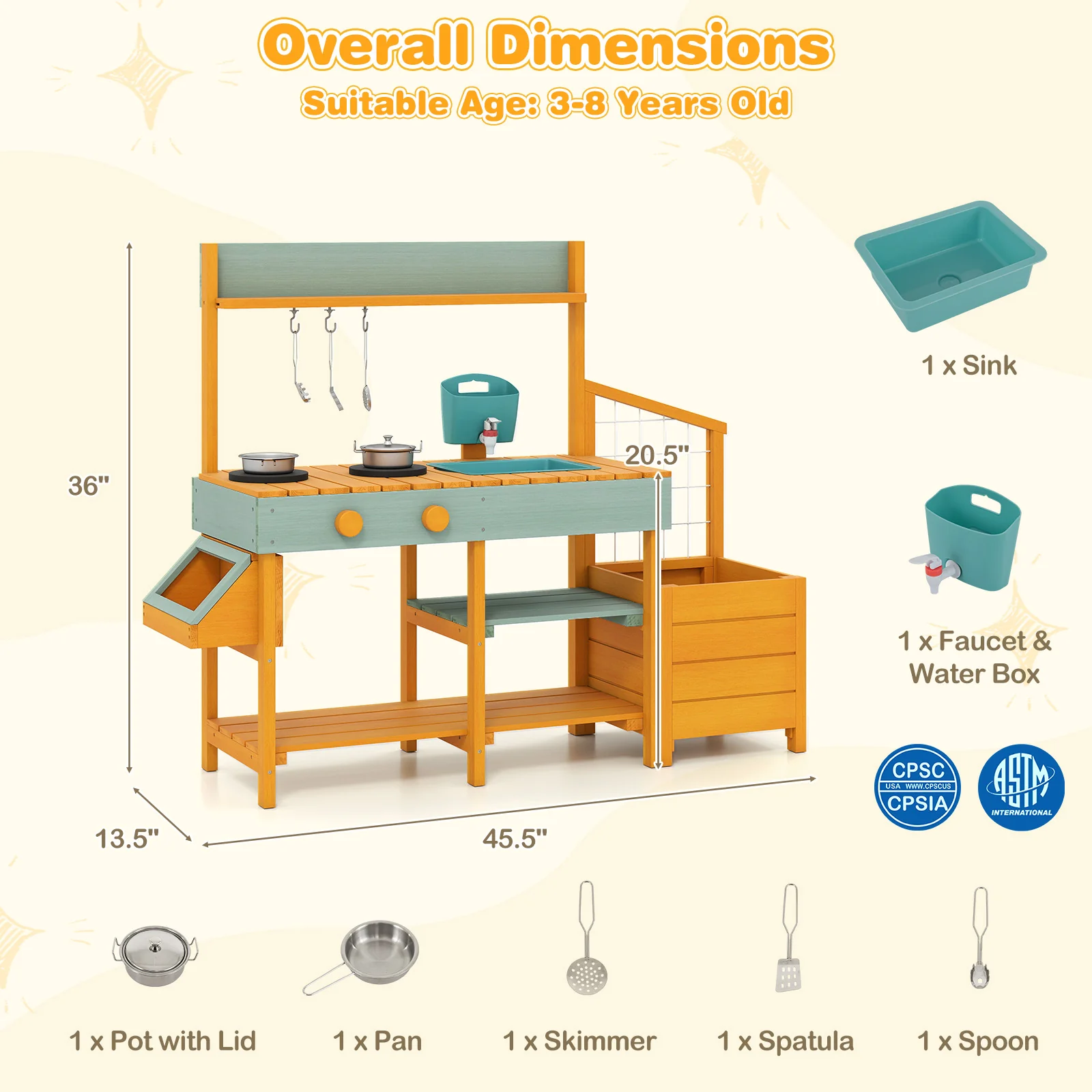 Play Kitchen for Kids Wooden Toy Kitchen Playset Pretend Mud Kitchen - Image 4