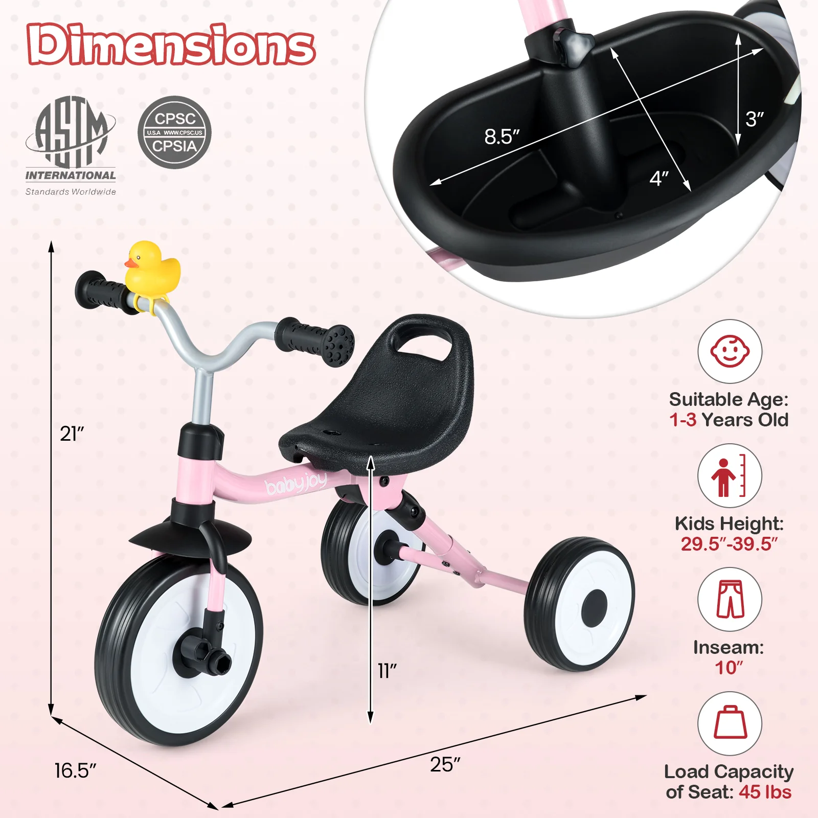 Toddler Tricycle with 3-Position Seat and Storage Basket for Kids - Image 12