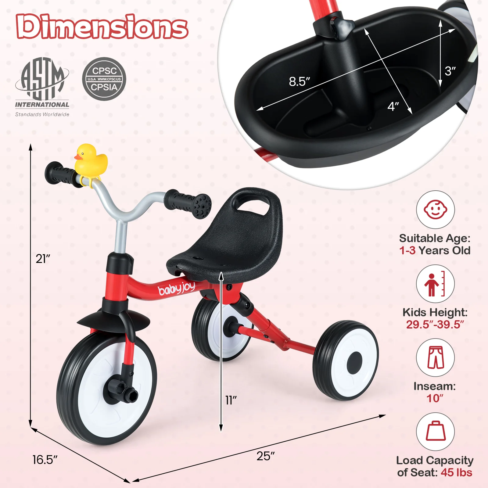 Toddler Tricycle with 3-Position Seat and Storage Basket for Kids - Image 20