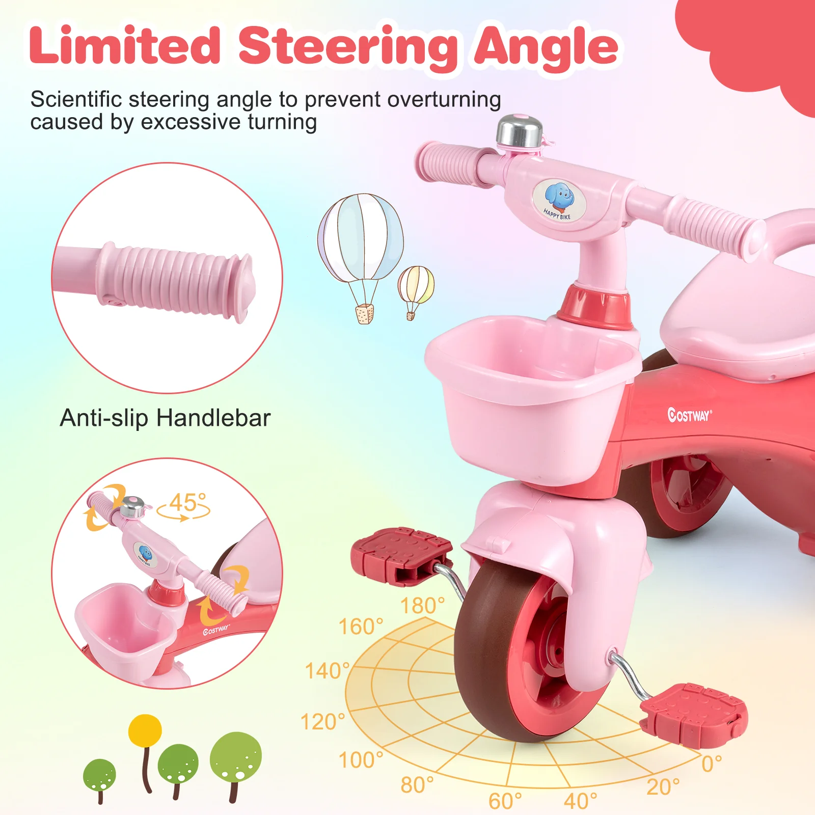 Toddler Tricycle with Limited Steering with Front Baskets and Bell - Image 6