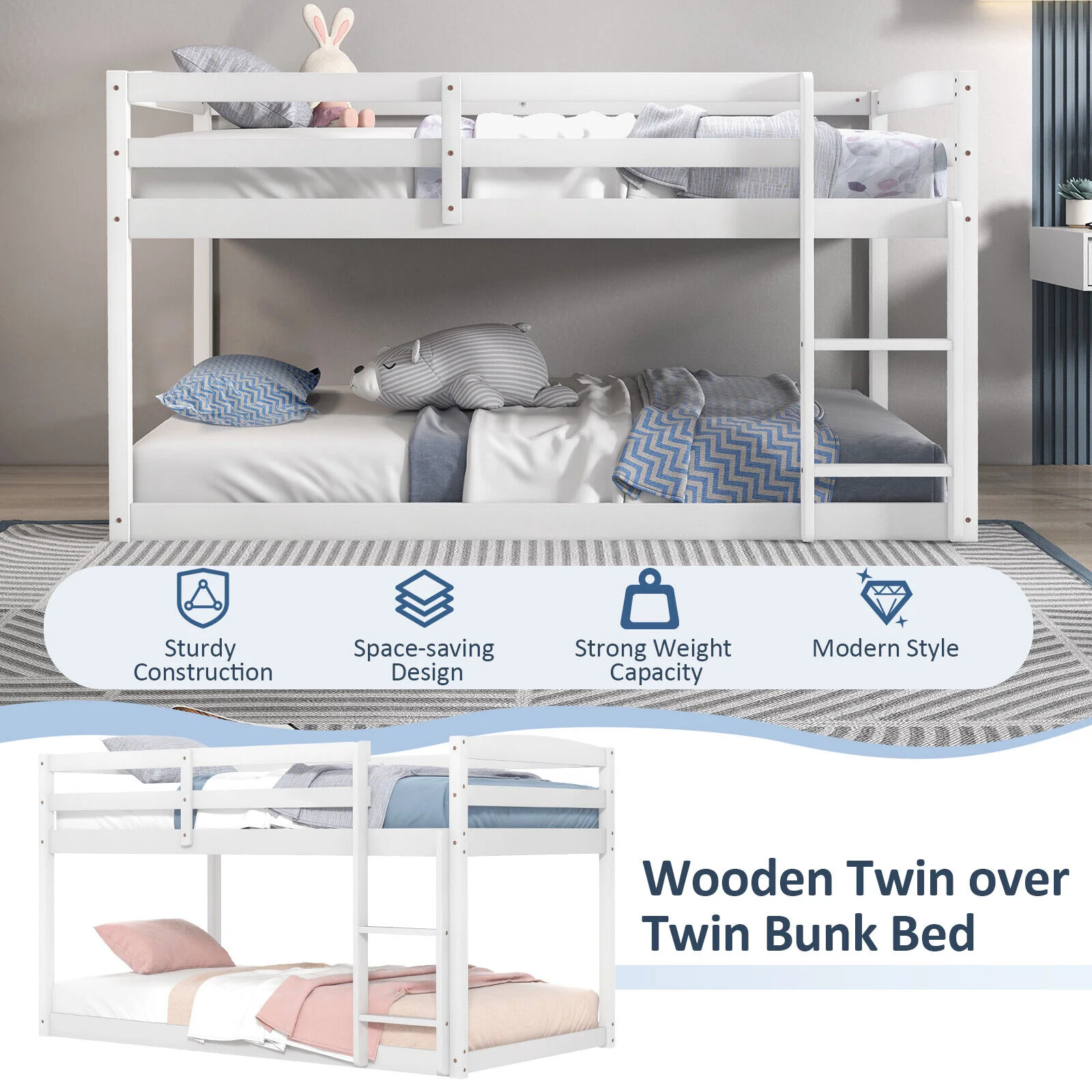 Twin Size Bunk Bed with High Guardrails and Integrated Ladder - Image 15