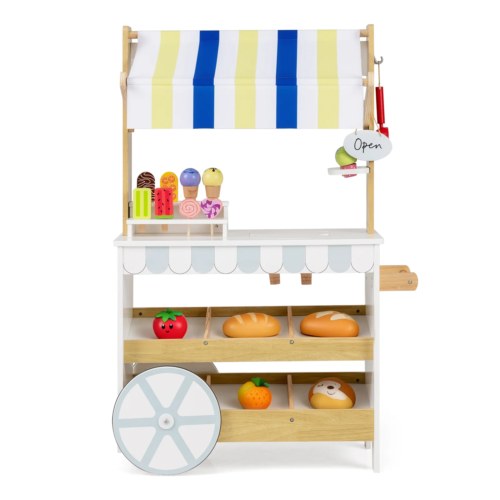 Wooden Ice Cream Cart for Kids 2-in-1 Grocery Store Playset with Display Shelves-White - Image 3