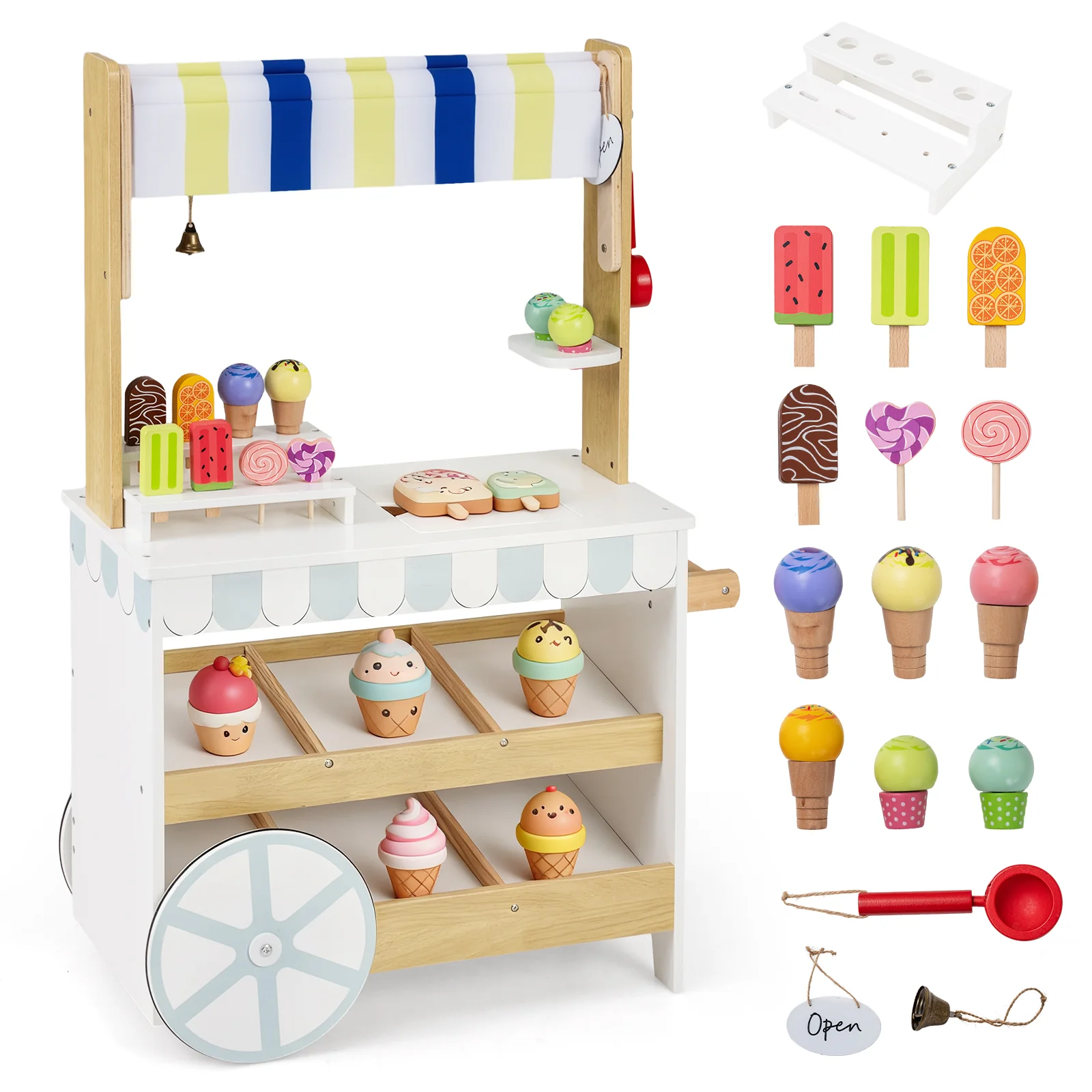 Wooden Ice Cream Cart for Kids 2-in-1 Grocery Store Playset with Display Shelves-White - Image 4