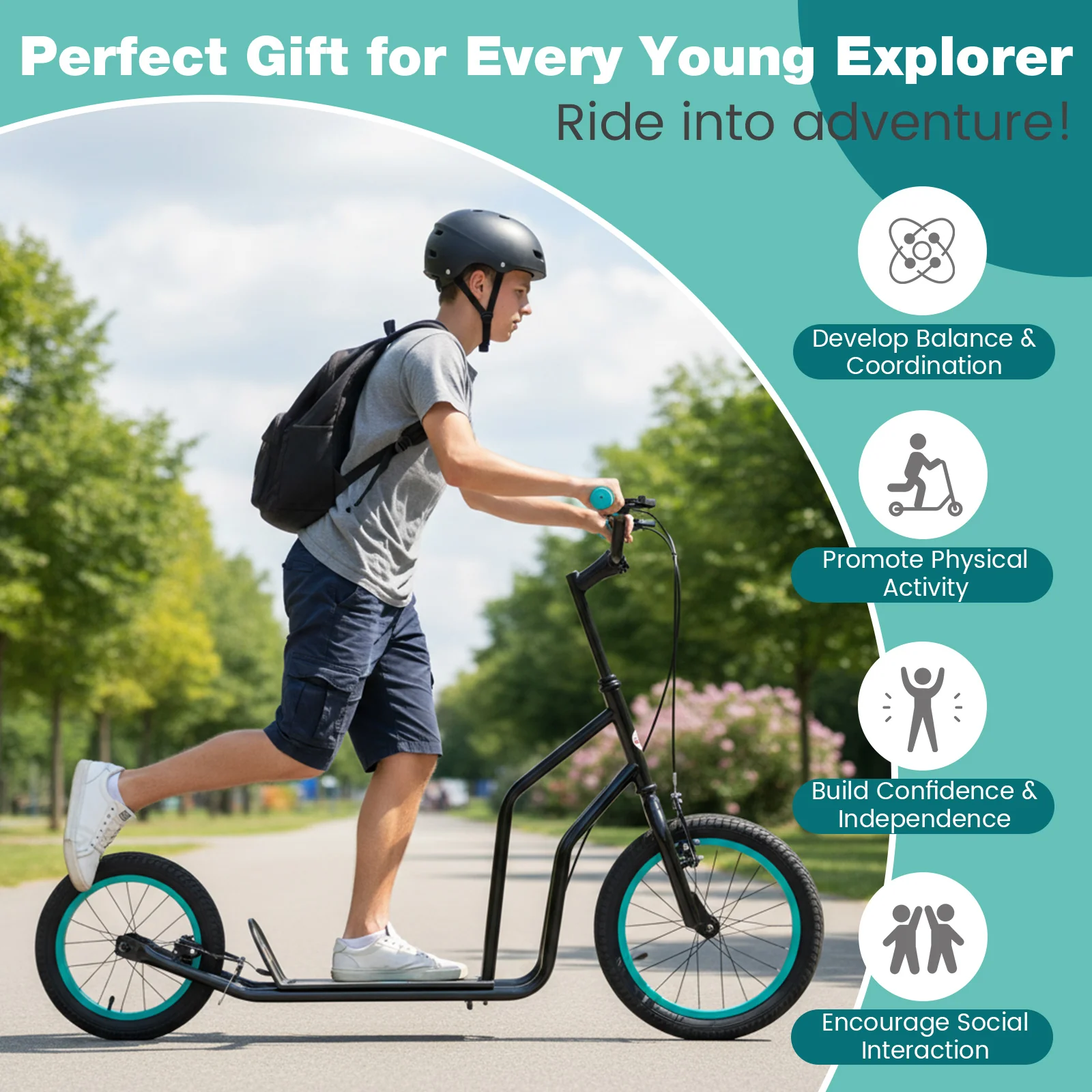 Youth Scooter with Adjustable Handlebar and 16/14-Inch Inflatable Wheels for Age 8+ Years Old - Image 6